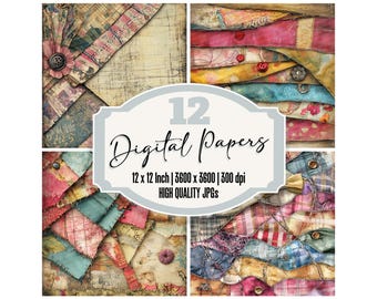 12x Vintage Patchwork Junk Journal Paper, Quilted Fabric Digital Paper Pack, Stitched Colorful Textures, Scrapbook Paper, Digital Download