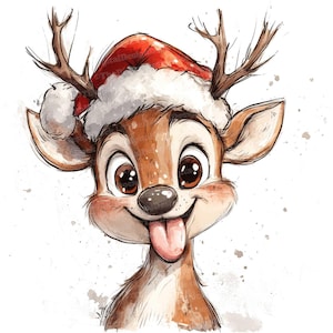 Grappig rendier PNG-illustraties, 12 x kerstrendier PNG-clipartset, afdrukbare aquarel PNG's, kerstmutsrendier, digitale download, feestdagen