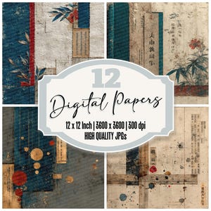 Peut inclure: Ensemble de 12 papiers numériques d'esthétique vintage. Les papiers présentent un mélange de textures, de couleurs et de motifs, dont des éléments floraux et scripturaux. Les papiers mesurent 30,48 x 30,48 cm et 3600 x 3600 pixels.