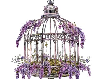 12x Lampadario a gabbia per uccelli PNG Clipart, Set di clipart di gabbia per uccelli sospesa con fiori ad acquerello, Download digitale, Junk Journal, Decorazione Cottagecore