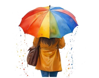 Tęczowy parasol PNG Clipart, 12x Zestaw artystyczny „Dziewczyna trzymająca parasol”, Wydrukowalny akwarelowy clipart „Deszczowy dzień”, Przezroczysty PNG, Pobieranie cyfrowe