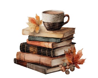 Autumn Books and Tea PNG Clipart, 12 Cozy Fall Coffee Clip Art Set, Printable Watercolor PNG, Paper Crafts, Junk Journal, Digital Download