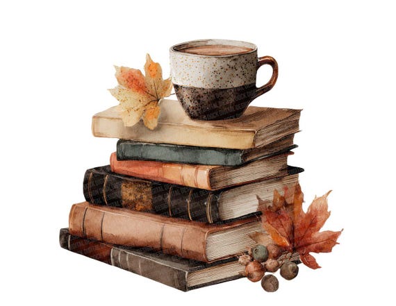 Autumn Books and Tea PNG Clipart, 12 Cozy Fall Coffee Clip Art Set, Printable Watercolor PNG, Paper Crafts, Junk Journal, Digital Download