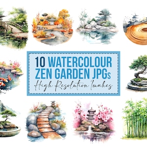 10x Acuarela Jardín Zen Yoga Bienestar Clipart JPG Paquete de Clip Art Digital Descargas Archivo jpeg Diseños de camisetas Imágenes de uso comercial