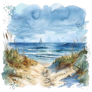 Beach Dunes Art, 12x Coastal Sand Path Art Set, Printable Watercolor Art, Distant Sailboats, Transparent PNG, Digital Download, Ocean Decor