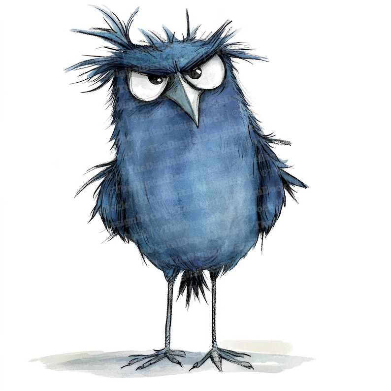 12x Quirky Bird Clip Art, Grumpy Blue Bird Watercolor, Printable ...