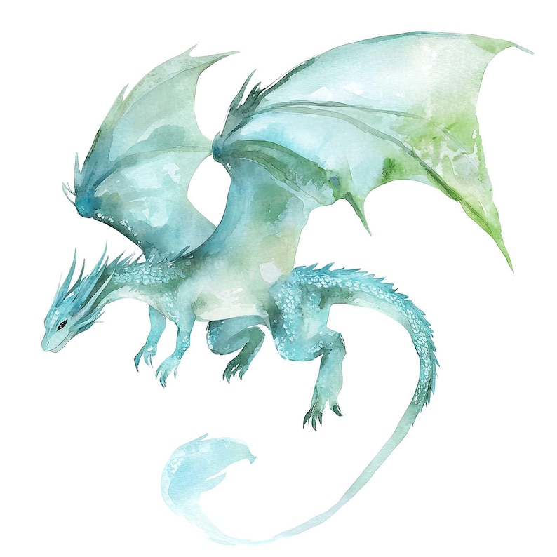 May include: A watercolor painting of a blue and green dragon with wings spread wide. The dragon is flying in the air with its tail curled behind it.