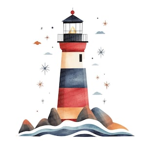Folk Lighthouse Clip Art, 12x Lighthouse and Waves PNG Clipart Set, Watercolor Coastal Clip Art, Printable Digital Download, Transparent PNG