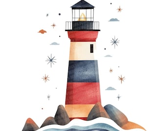 Folk Lighthouse Clip Art, 12x Lighthouse and Waves PNG Clipart Set, Watercolor Coastal Clip Art, Printable Digital Download, Transparent PNG