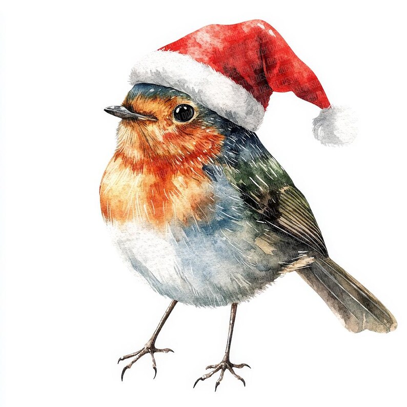 Robin Santa Hat PNG Clip Art, 12x Christmas Bird Watercolor Clipart Set ...