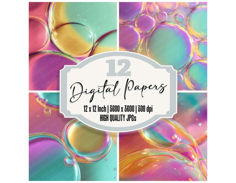 12x Rainbow Soap Bubbles Digital Paper Iridescent Liquid Texture Junk ...