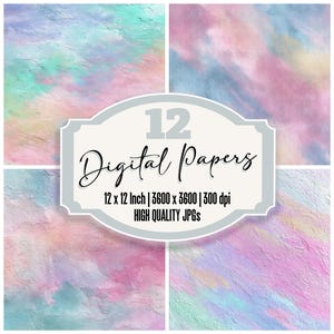 May include: A collection of 12 digital papers with a watercolor effect. Each paper has a unique blend of pastel colors, including pink, blue, and green. The papers are 12 x 12 inches and high quality. The image includes the text "12 Digital Papers".