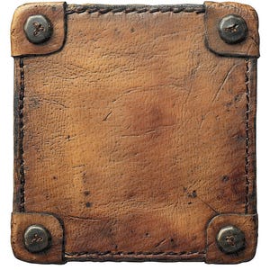 May include: A square piece of brown leather with four metal rivets in the corners. The leather has a worn and distressed look.