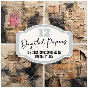 Könnte beinhalten: Eine Collage von 12 digitalen Papieren im Vintage-Stil. Die Papiere zeigen zerrissene, strukturierte Hintergründe mit verblassten Farben, überlagert mit Textfragmenten und Designelementen. Die Papiere sind 30,48 x 30,48 cm und 3600 x 3600 Pixel groß.