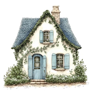 Ivy Roof Cottage PNG Clipart, 12x Watercolor Cottage Clip Art Set, Printable Clip Art, Digital Download, Paper Crafts, Junk Journal Bundle