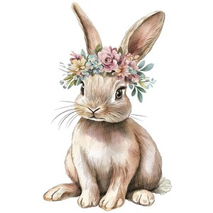 May include: A watercolour illustration of a brown bunny rabbit wearing a flower crown with pink, white, and blue flowers. The bunny is sitting with its ears up and looking at the viewer.