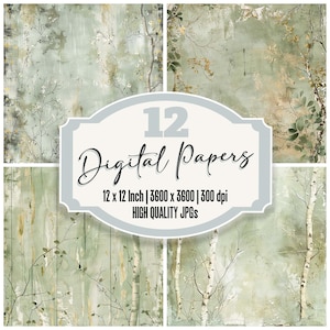 May include: A set of 12 digital papers with a nature theme. The papers display muted green, beige, and gold tones with botanical and wood grain textures. The image text reads "12 Digital Papers" and "12 x 12 Inch | 3600 x 3600 | 300 dpi HIGH QUALITY JPGs."