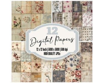 12x Vintage Patchwork Junk Journal Paper, Shabby Chic Digital Paper Pack, Floral Quilt Textures, High Quality JPGs, Scrapbook Paper XYZ