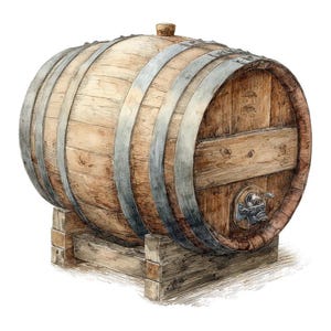 Op de afbeelding: Waterverfillustratie van een houten vat met metalen banden, rustend op een houten standaard. Het vat heeft een kraan en een kleine houten stop. Het vat is lichtbruin van kleur.