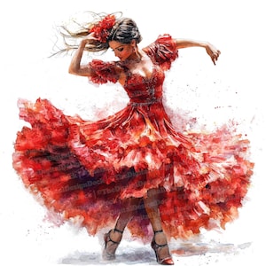 12 Clipart acquerello ballerina di flamenco, ballerina spagnola, clipart stampabile, JPG di alta qualità, download digitale, artigianato di carta, arte spagnola