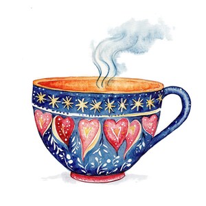 Folk Floral Teacup Clipart, 12x Floral Teacups with Steam Clip Art Set, Printable Clip Art, Digital Download, High-Quality PNG/JPG