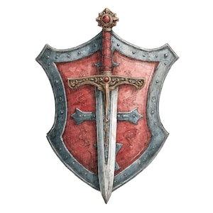 May include: A watercolor illustration of a shield and sword. The shield is red with a silver border and rivets. A silver sword with a gold hilt and red gem is centered on the shield. The artwork has a medieval or fantasy theme.
