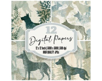 12x Blueprint Cerberus Junk Journal Paper Sea Glass Bone Distressed Vintage Botanical Dog Silhouette Digital Paper Pack Papier Decoupes