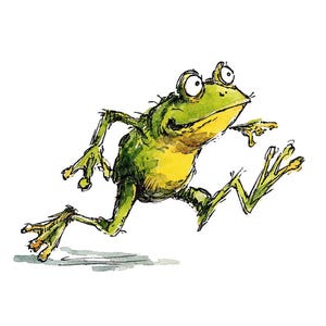 Puede incluir: Ilustración en acuarela de una rana verde en pleno salto sobre un fondo blanco. La rana tiene ojos grandes y expresivos y está coloreada con tonos verdes y amarillos. La obra de arte tiene un estilo caprichoso, de cuento.