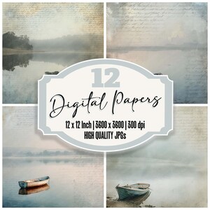 May include: A collage of four digital papers with a serene lake scene in muted tones. The image includes a boat, water, and a misty landscape. The central graphic reads "12 Digital Papers" with dimensions and resolution details.