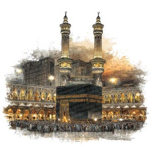 Pode incluir: Ilustração em aquarela da Kaaba em Meca, Arábia Saudita. A imagem retrata o local sagrado com dois minaretes, uma grande multidão e edifícios circundantes, tudo em tons quentes e terrosos com efeito aquarela.