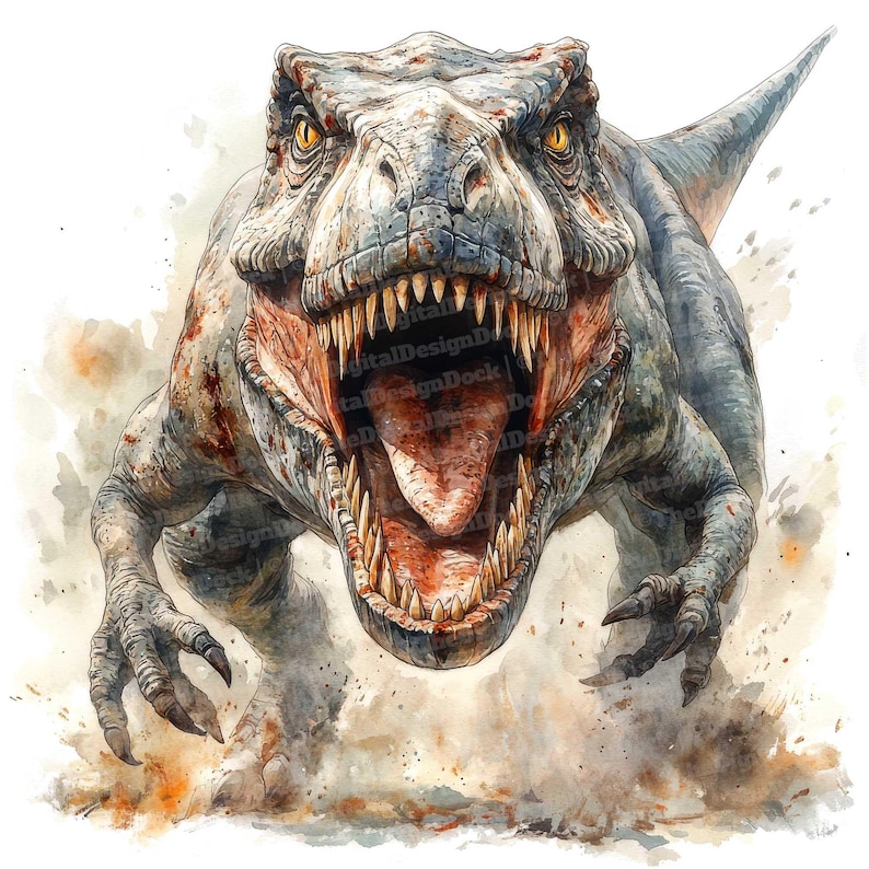 Op de afbeelding: Een aquarel schilderij van een Tyrannosaurus Rex dinosaurus met zijn bek open, waardoor scherpe tanden zichtbaar zijn. De dinosaurus is afgebeeld in een rennende pose, met zijn klauwen uitgestoken. De achtergrond is een wazige aquarel was van bruin en beige.