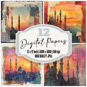 May include: A digital art print featuring four square images with watercolor-style depictions of mosques and minarets against sunset skies. The central graphic reads "12 Digital Papers" with dimensions of 12 x 12 inches.