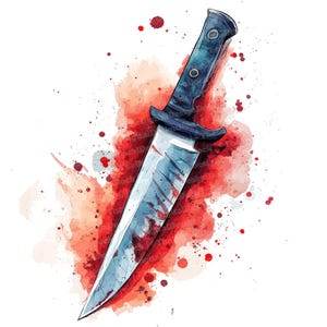 May include: A bloody knife with a black handle is lying on a red watercolor background. The knife has a silver blade with a blood stain on it.