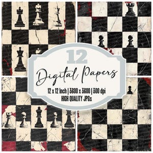 Könnte beinhalten: Zwölf digitale Papiere mit einem abgenutzten Schachbrettmuster mit schwarzen und weißen Feldern und schwarzen Schachfiguren. Die Papiere sind 30,48 cm x 30,48 cm groß und haben eine Auflösung von 300 dpi.