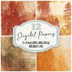 May include: A collection of 12 digital papers featuring textured backgrounds with forest silhouettes and script text in shades of red, orange, and brown. The central label displays the text 12 Digital Papers, 12 x 12 Inch, 3600 x 3600, 300 dpi.