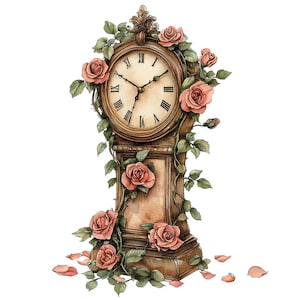12x Floral Clock PNG Clipart, Antique Rose Clock Clip Art Set, Watercolor Digital Clipart, No Background PNG, Printable JPG, Junk Journal