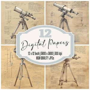 May include: Set of 12 digital papers featuring vintage illustrations of telescopes on a beige background with handwritten notes. Each paper is 12 x 12 inches and 300 dpi.
