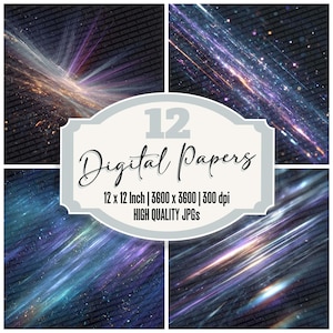 May include: A digital art collection featuring four abstract designs with streaks of light in shades of blue, purple, and gold. The image includes text that reads "12 Digital Papers" and details about the paper size and resolution.