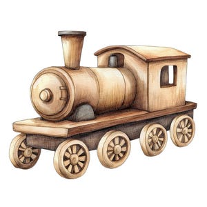 Tren de juguete de madera PNG, 12 imágenes prediseñadas de trenes vintage, imágenes prediseñadas de acuarela imprimibles, manualidades de papel, descarga digital, paquete de diario basura