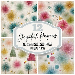 May include: A digital paper set featuring colorful, abstract designs. The image showcases a collection of 12 digital papers, each 12 x 12 inches, with a resolution of 3600 x 3600 pixels at 300 dpi. The designs include floral and burst patterns in shades of pink, teal, and gold.