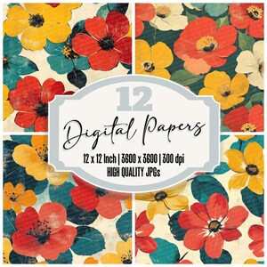 12 x Papier pour journal floral rétro, fleurs rouges jaunes, paquet de papier numérique, style vintage, JPG de haute qualité, téléchargement de papier pour scrapbooking