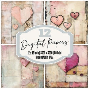 12x Textile Heart Junk Journal Paper Torn Muslin Digital Paper Pack Stitched Fabric Backgrounds High Quality JPGs Download