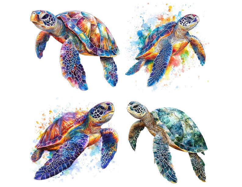 May include: Four watercolour paintings of sea turtles with colourful shells and splashes of colour in the background.