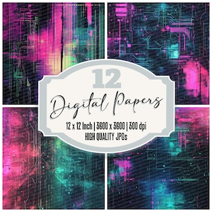 May include: A set of 12 digital papers featuring abstract geometric patterns in shades of pink, blue, and green. The papers are 12 inches by 12 inches and have a resolution of 3600 by 3600 pixels at 300 dpi.  The papers are high quality JPGs.