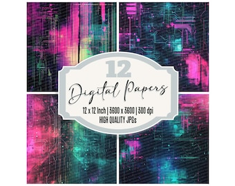 May include: A set of 12 digital papers featuring abstract geometric patterns in shades of pink, blue, and green. The papers are 12 inches by 12 inches and have a resolution of 3600 by 3600 pixels at 300 dpi.  The papers are high quality JPGs.