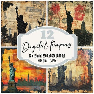 12x Liberty Torch Postcard Junk Journal Paper Statua della Libertà e New York Skyline JPG di alta qualità Sfondi vintage Download digitale