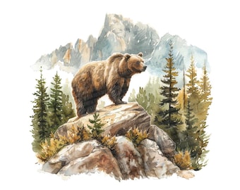 Grizzly Bear PNG Clipart, 12x Forest Wildlife Clip Art Set, Printable Watercolor Clip Art, Digital Download, Transparent Background PNG
