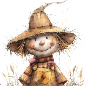Clipart épouvantail, 12 fichiers JPG, clipart épouvantail de dessin animé mignon, clipart aquarelle imprimable, créations en papier, téléchargement numérique, journaux indésirables