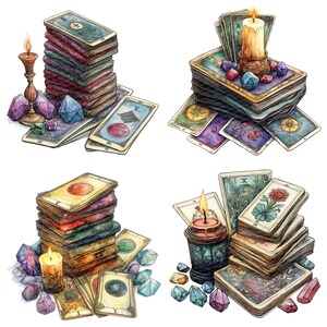 May include: Four watercolor illustrations of tarot cards, candles, and crystals. Each illustration features a stack of tarot cards, a lit candle, and various crystals in shades of purple, blue, and green.