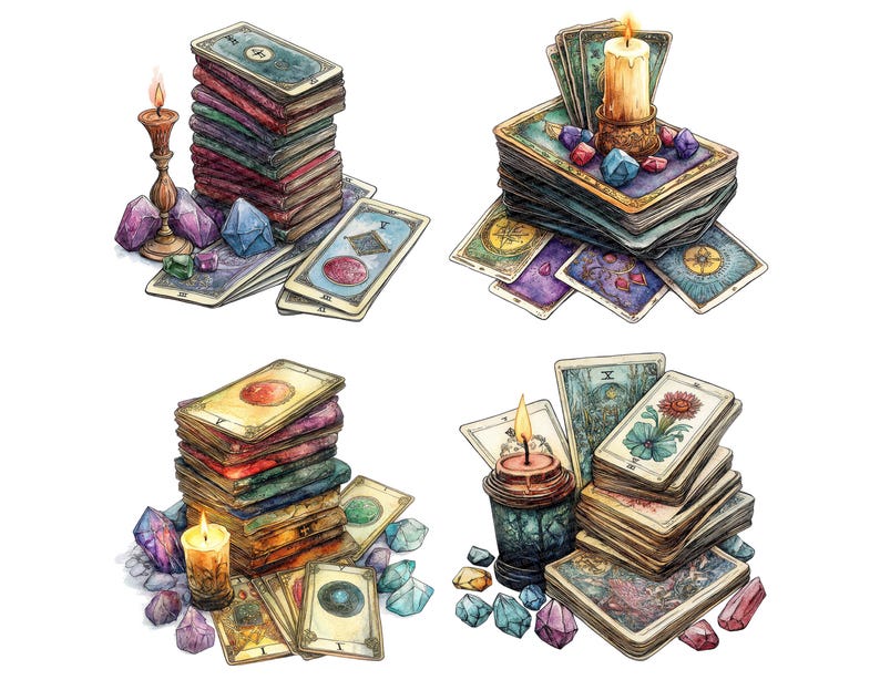 May include: Four watercolor illustrations of tarot cards, candles, and crystals. Each illustration features a stack of tarot cards, a lit candle, and various crystals in shades of purple, blue, and green.